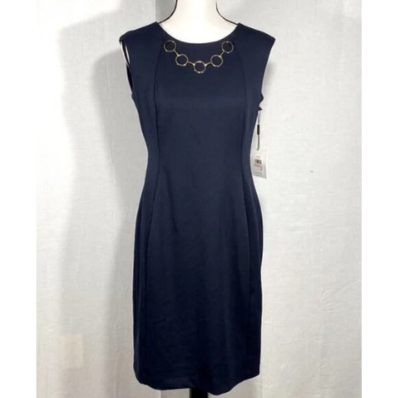 Calvin Klein NWT Navy Blue Sheath Dress with Gold Chain Detail Size 10 - Picture 7 of 8